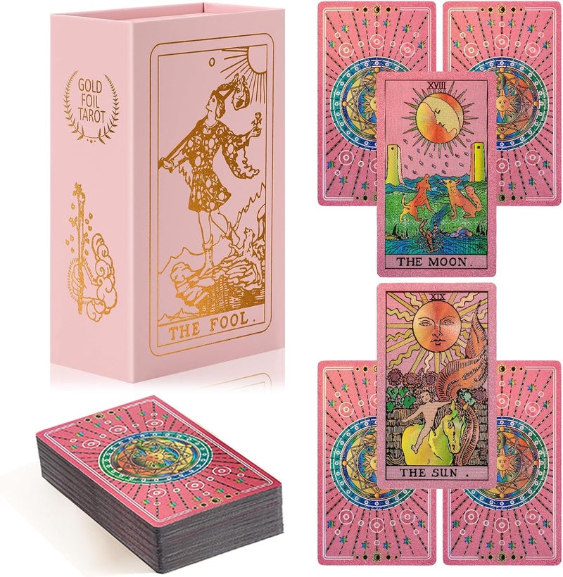 lrjrizzo Tarot Cards for Beginners Pink Tarot Cards with Guide Book Gold Foil with Meanings on Them 78 Classic Origina Rider Waite Taro Deck Fortune Telling Game（Pink） - Image 1
